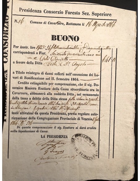 PRESIDENZA CONSORZIO FORESTO SEZ. SUPERIORE CAVARZERE - 1866