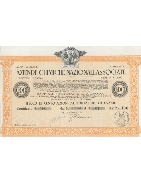 AZIENDE CHIMICHE NAZIONALI ASSOCIATE - 100 AZIONI MILANO 1929