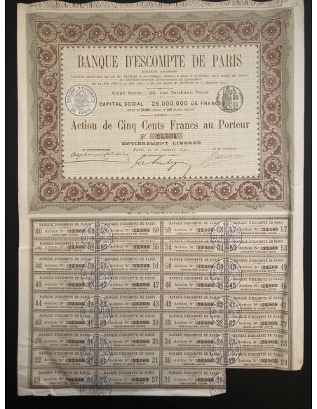 BANQUE D'ESCOMPTE DE PARIS - 1 AZIONE - 1892