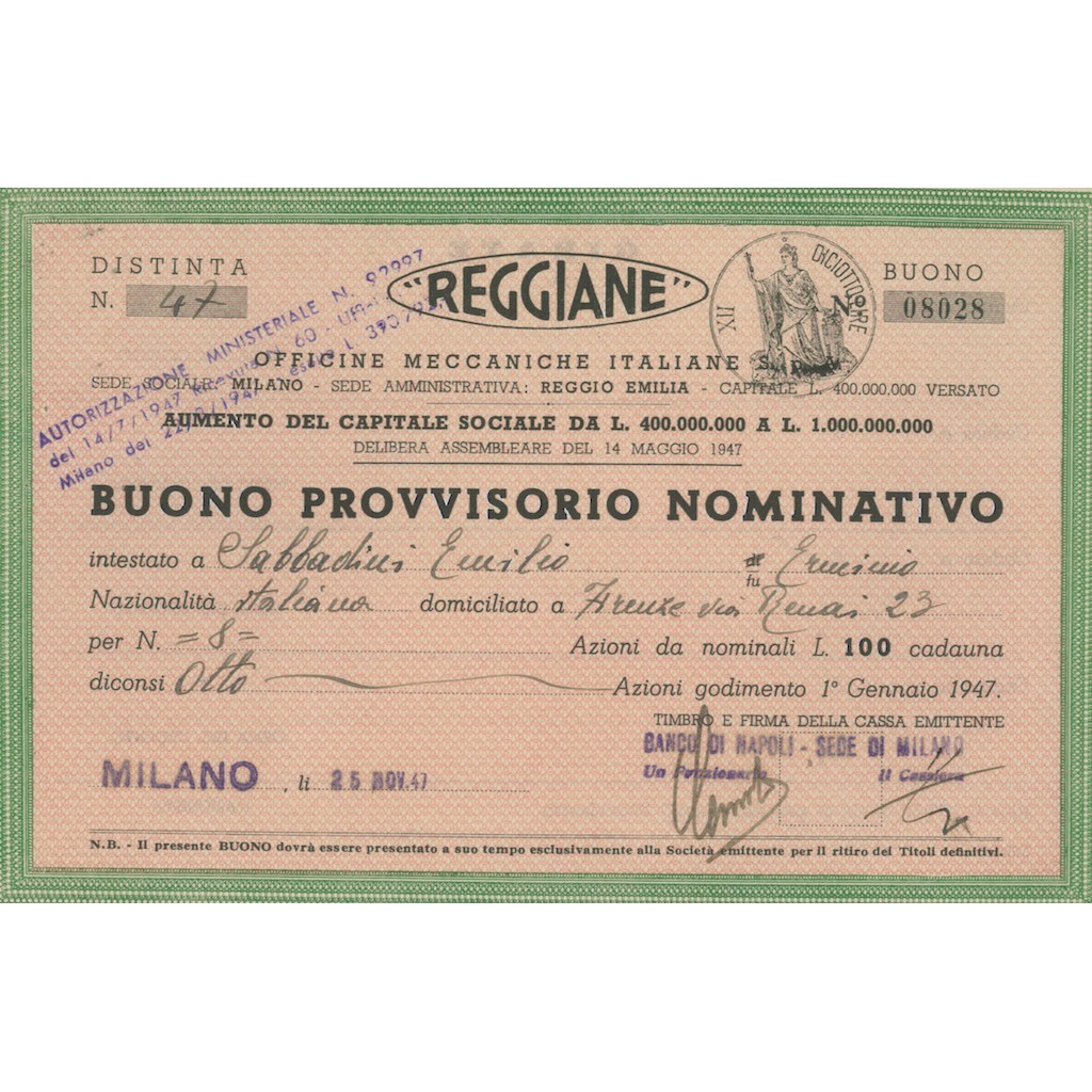 REGGIANE - BUONO PROVVISORIO NOMINATIVO 8 AZIONI 1947 MILANO