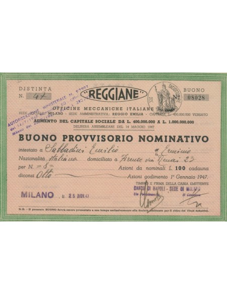 REGGIANE - BUONO PROVVISORIO NOMINATIVO 8 AZIONI 1947 MILANO