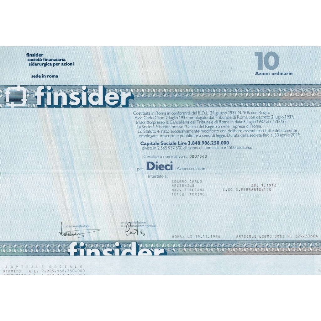 FINSIDER - CAP. SOC. 3.848.906.250.000 - 10 AZIONI ROMA 1986