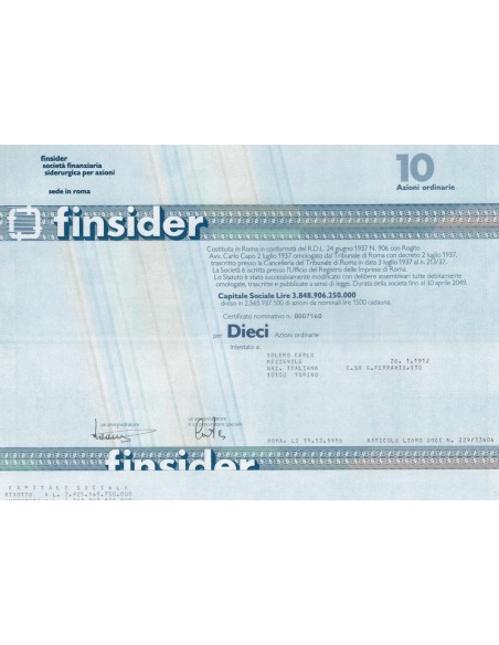 FINSIDER - CAP. SOC. 3.848.906.250.000 - 10 AZIONI ROMA 1986