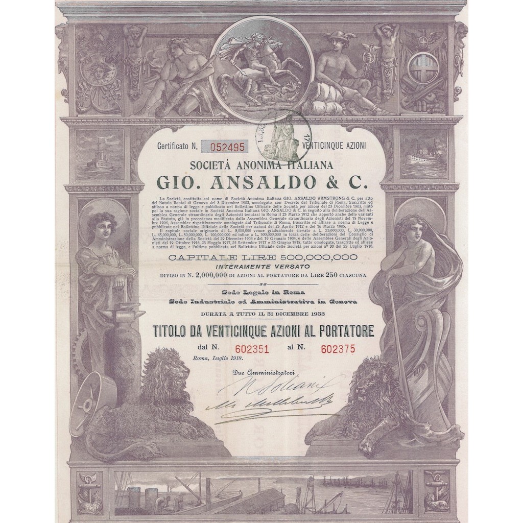 SOC. ANON. ITALIANA GIO. ANSALDO & C. 25 AZIONI ROMA 1933