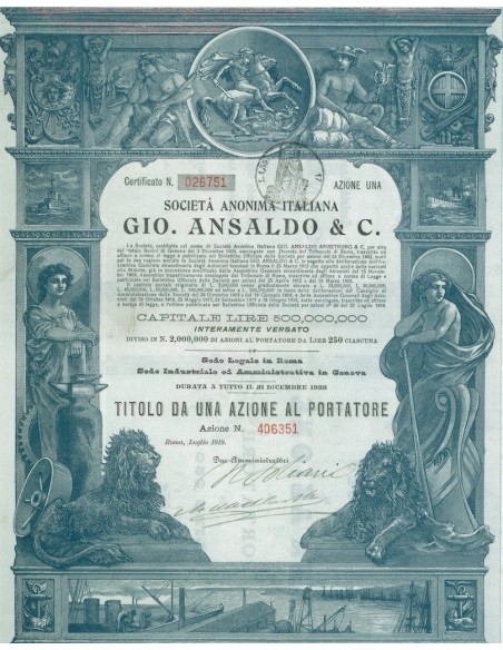 SOC. ANON. ITALIANA GIO. ANSALDO & C. 1 AZIONE ROMA 1933