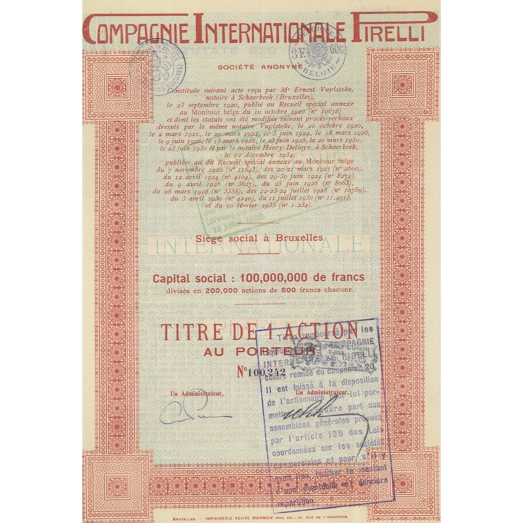 COMPAGNIE INTERNATIONALE PIRELLI - 1 AZIONE BRUXELLES 1934