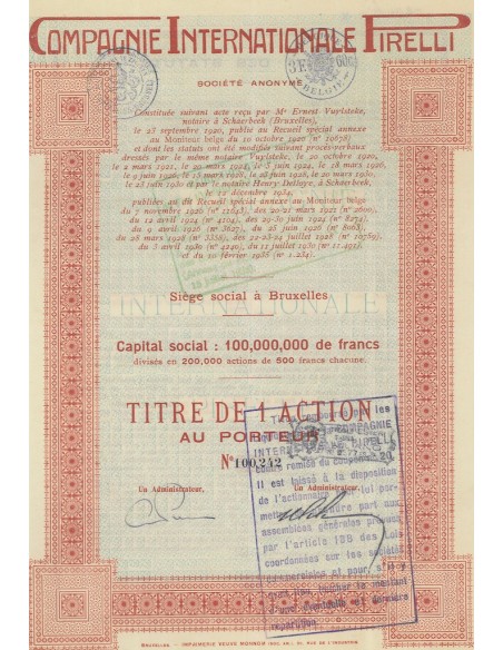 COMPAGNIE INTERNATIONALE PIRELLI - 1 AZIONE BRUXELLES 1934