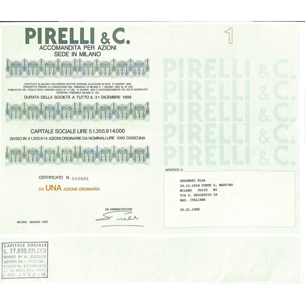 PIRELLI & C. - 1 AZIONE MILANO 1983