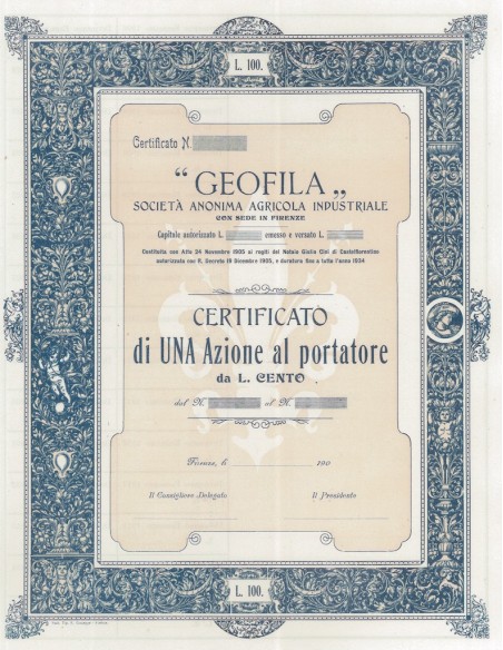 GEOFILA SOCIETA` ANONIMA AGRICOLA INDUSTRIALE UNA AZIONE FIRENZE 1905