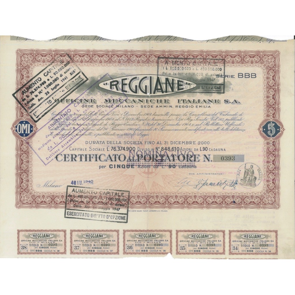 REGGIANE OFF. MECC.ITALIANE - 5 AZIONI MILANO 1942