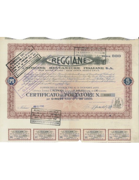 REGGIANE OFF. MECC.ITALIANE - 5 AZIONI MILANO 1942