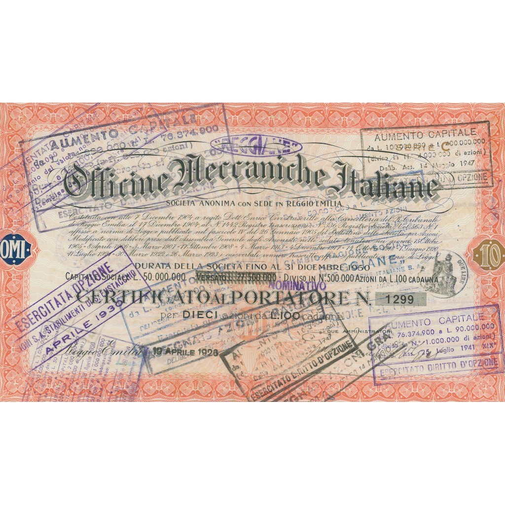 REGGIANE OFF. MECC.ITALIANE - 10 AZIONI REGGIO EMILIA 1926