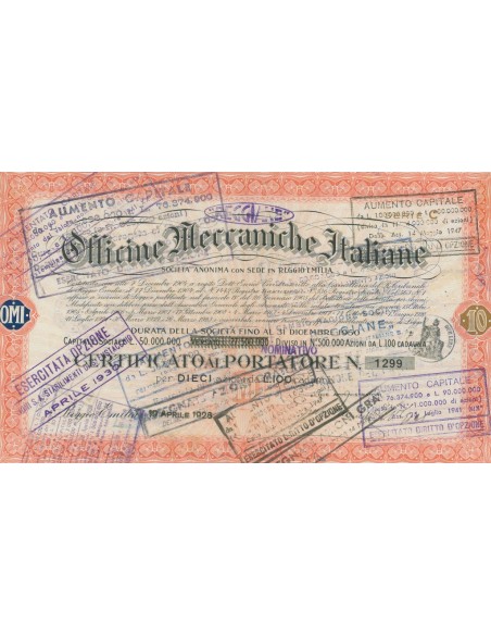 REGGIANE OFF. MECC.ITALIANE - 10 AZIONI REGGIO EMILIA 1926
