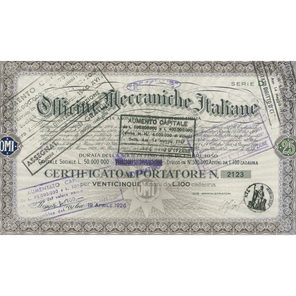 REGGIANE OFF. MECC.ITALIANE - 25 AZIONI REGGIO EMILIA 1926