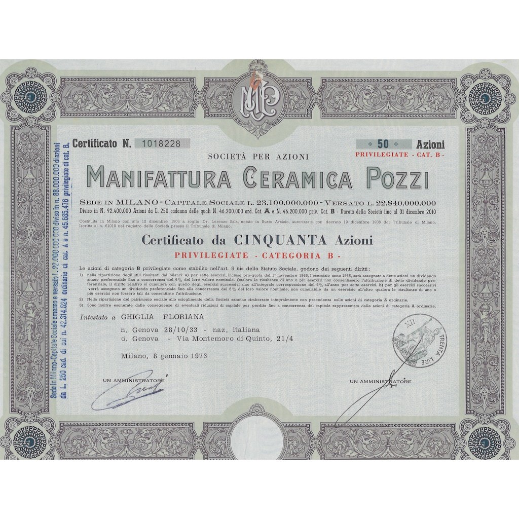 MANIFATTURA CERAMICA POZZI - 50 AZIONI MILANO 1973