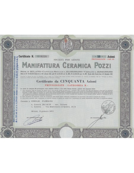 MANIFATTURA CERAMICA POZZI - 50 AZIONI MILANO 1973