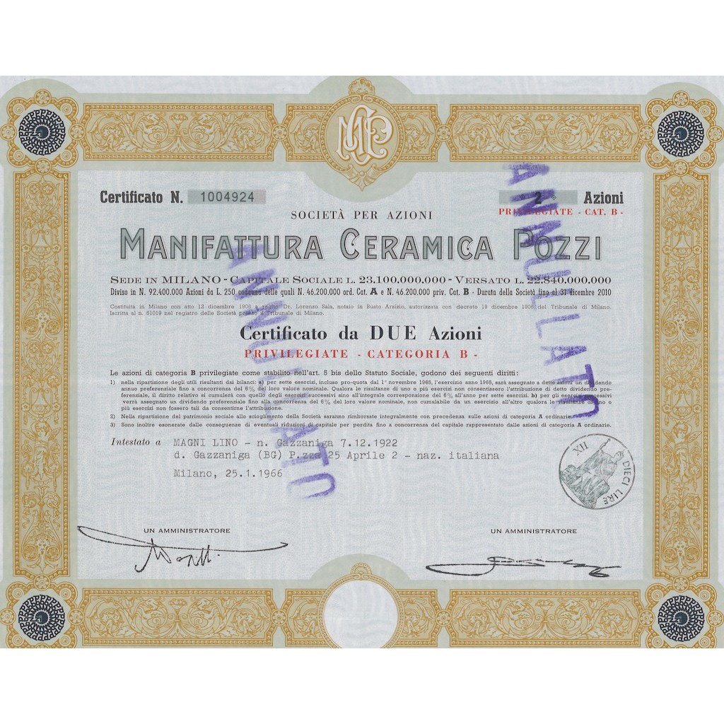 MANIFATTURA CERAMICA POZZI - 2 AZIONI MILANO 1966