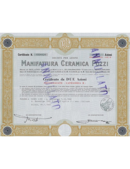 MANIFATTURA CERAMICA POZZI - 2 AZIONI MILANO 1966