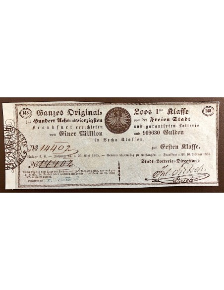 LOTTERIE SIEGEL DER FREIEN STADT FRANKFURT - SS - 1865