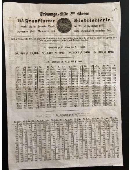 LOTTERIE SIEGEL DER FREIEN STADT FRANKFURT - ESTRATTO 1863