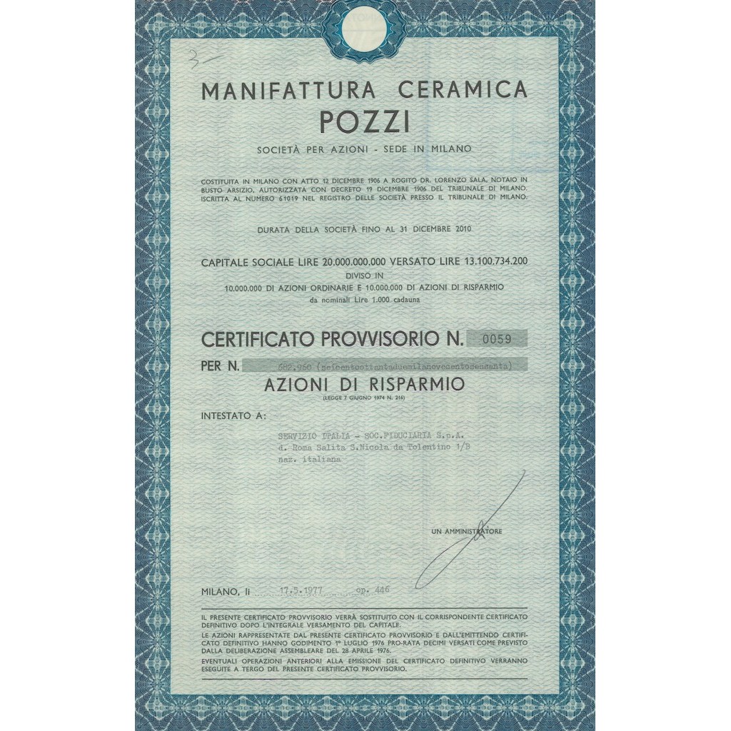 MANIFATTURA CERAMICA POZZI - 682.960 AZIONI MILANO 1977