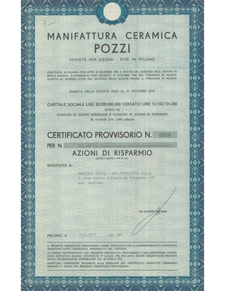 MANIFATTURA CERAMICA POZZI - 682.960 AZIONI MILANO 1977