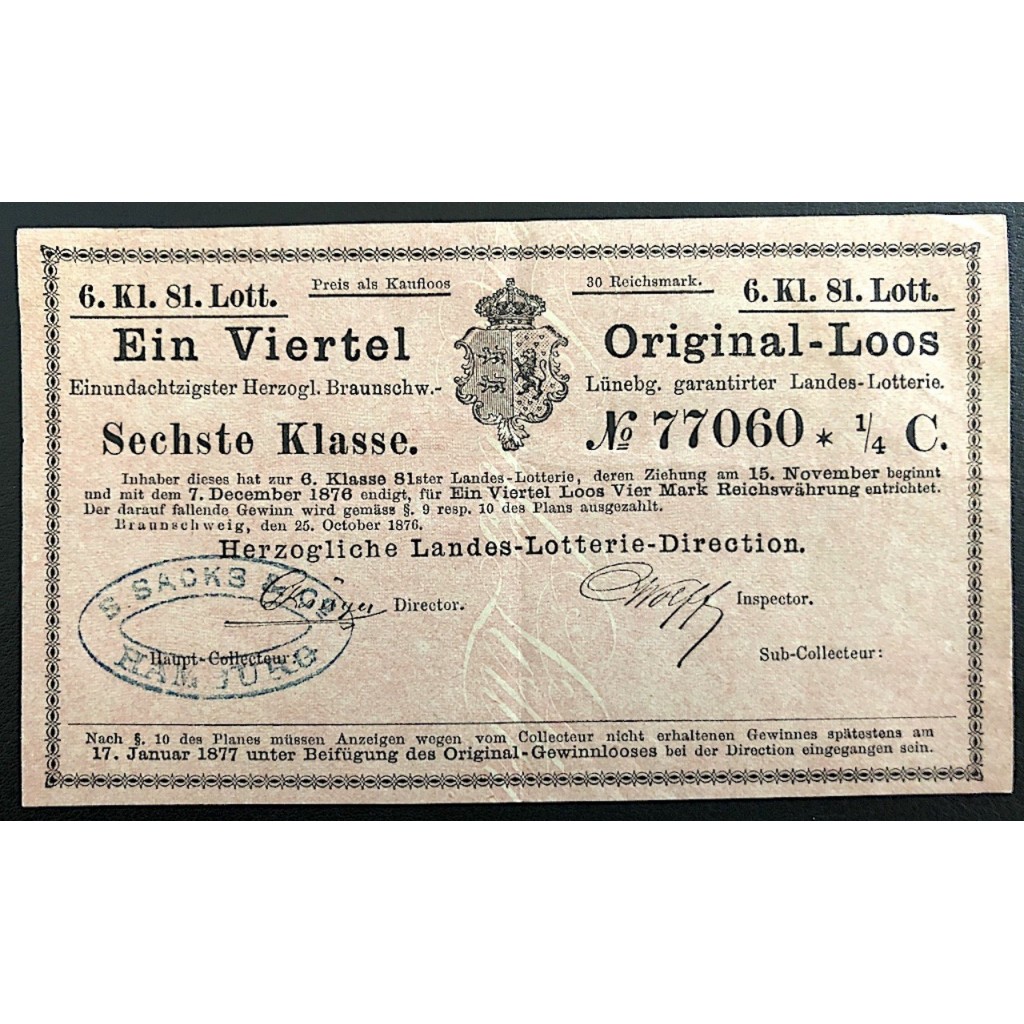 HERZOGLICHE LANDES LOTTERIE - 1876