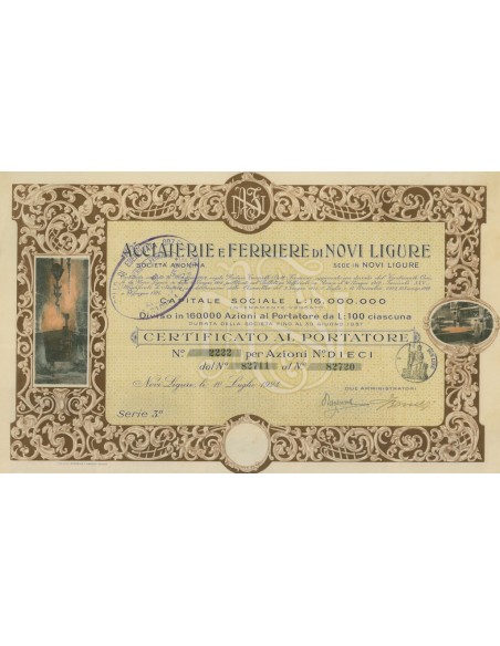 ACCIAIERIE E FERRIERE DI NOVI LIGURE - 10 AZIONI 1924
