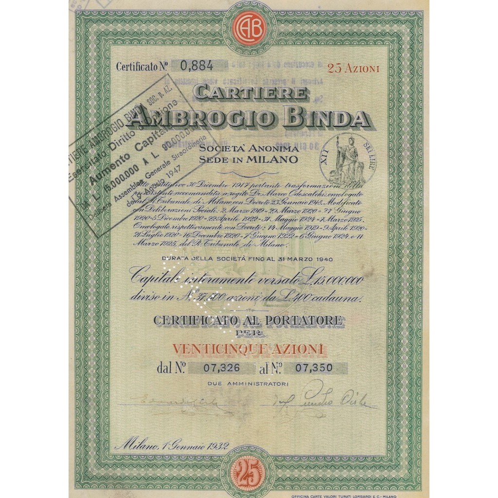 CARTIERE AMBROGIO BINDA - 25 AZIONI MILANO 1932