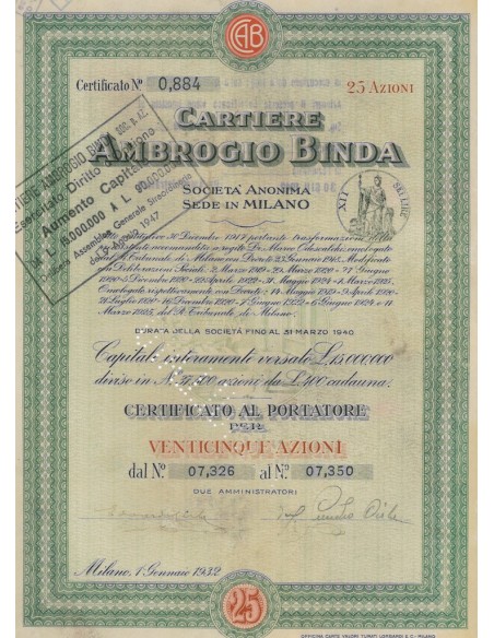 CARTIERE AMBROGIO BINDA - 25 AZIONI MILANO 1932