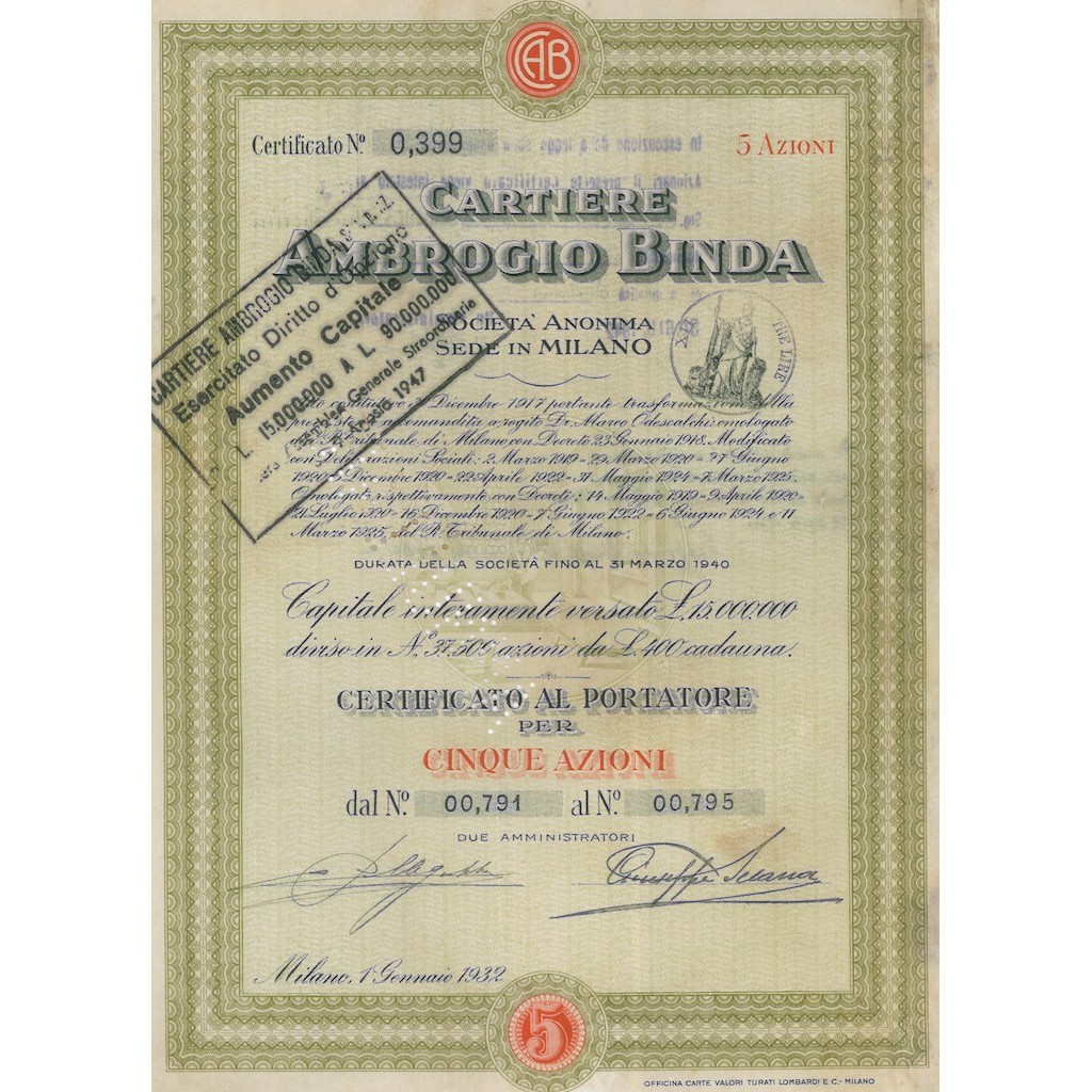 CARTIERE AMBROGIO BINDA - 5 AZIONI MILANO 1932