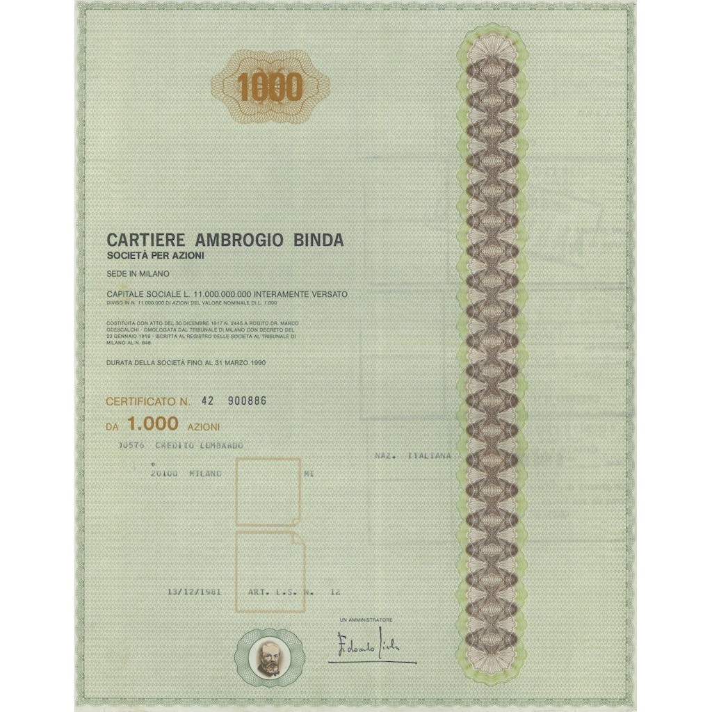 CARTIERE AMBROGIO BINDA - 1000 AZIONI MILANO 1981