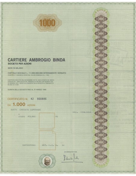 CARTIERE AMBROGIO BINDA - 1000 AZIONI MILANO 1981