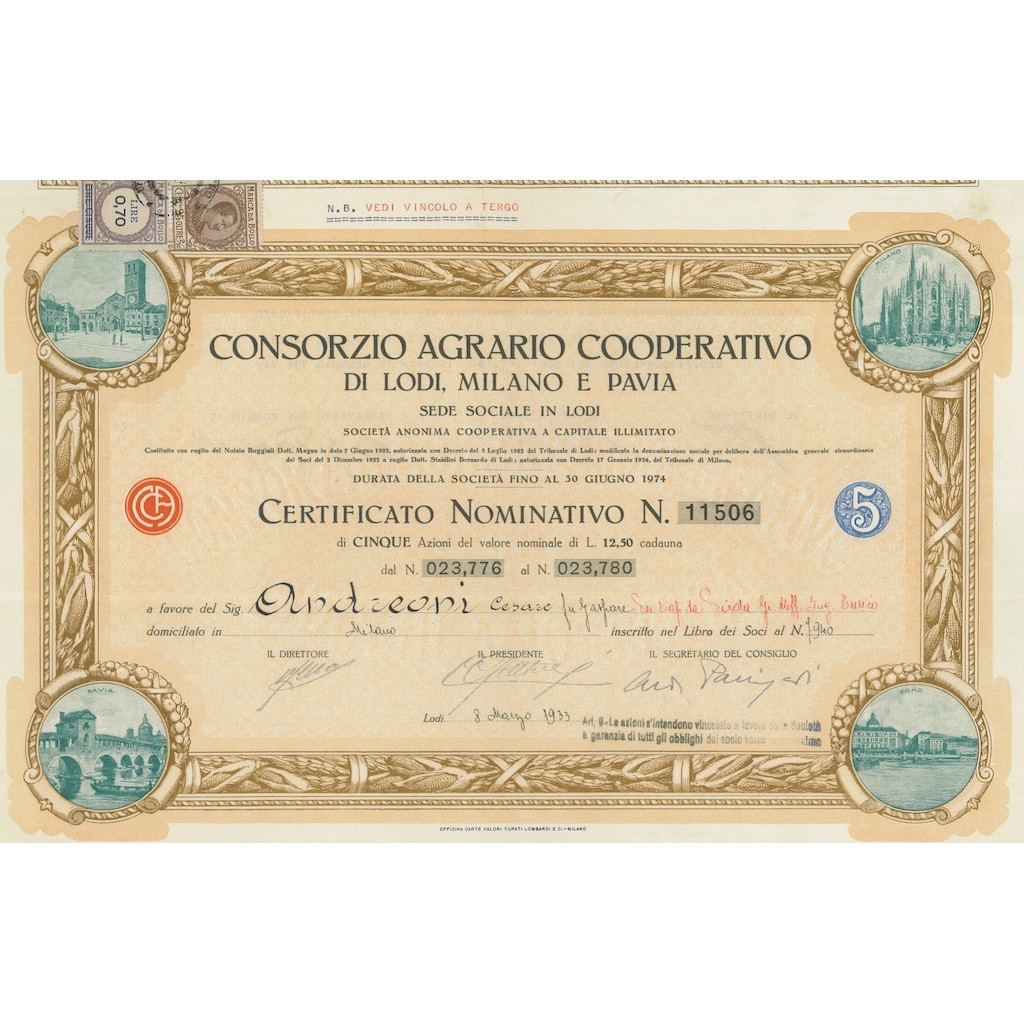 CONSORZIO AGRARIO COOPERATIVO DI LODI, MILANO E PAVIA 5 AZIONI LODI 1933