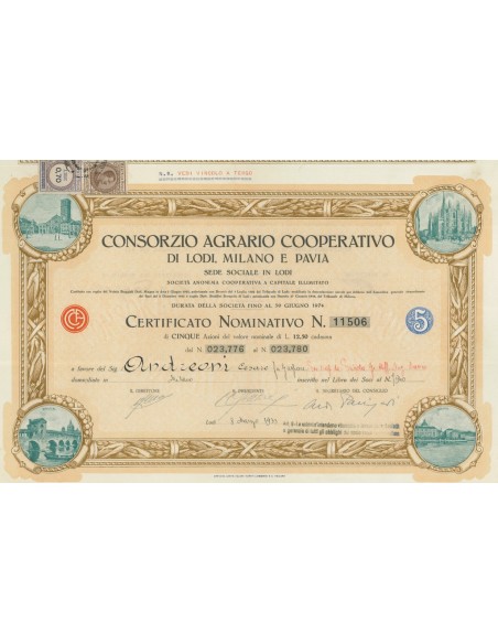 CONSORZIO AGRARIO COOPERATIVO DI LODI, MILANO E PAVIA 5 AZIONI LODI 1933
