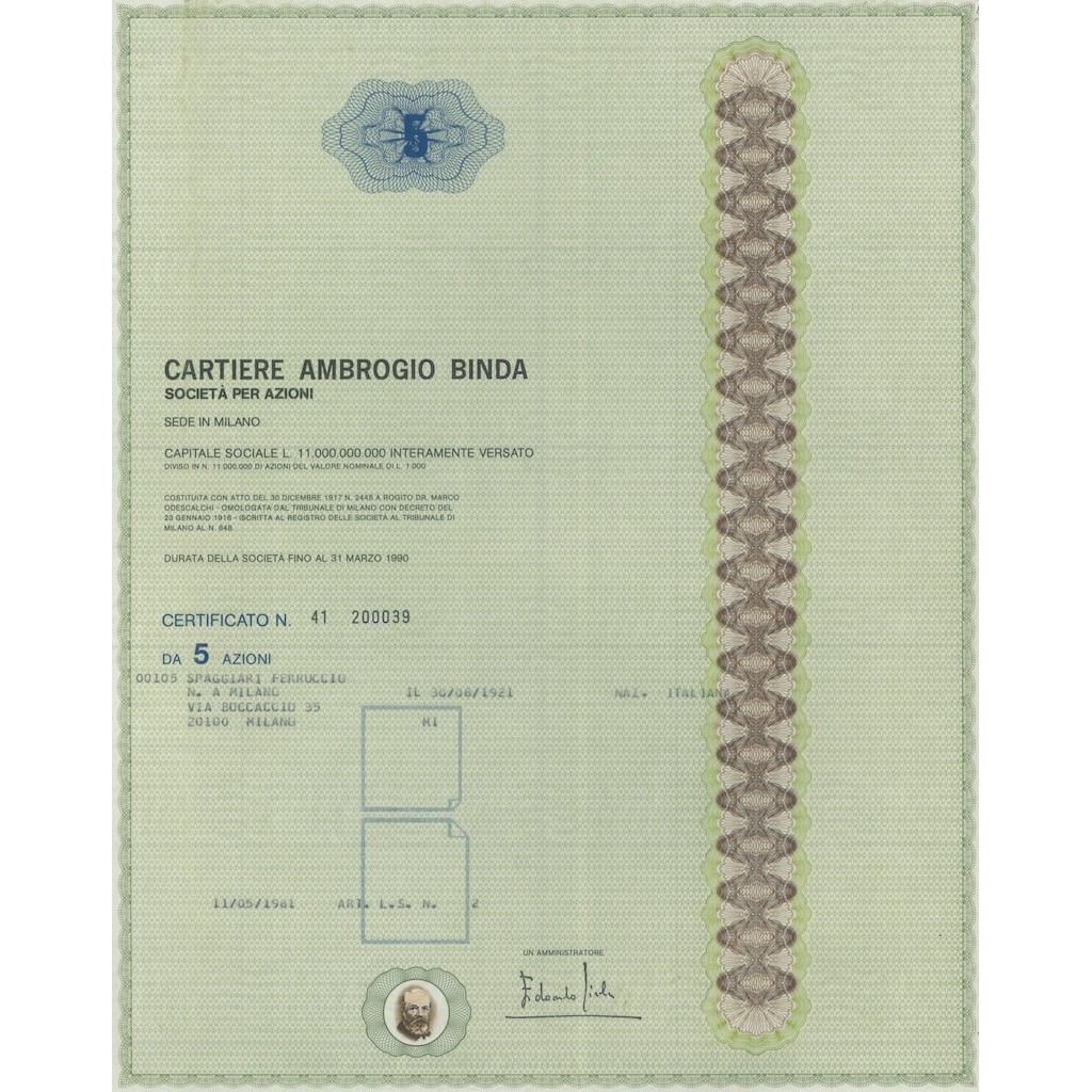 CARTIERE AMBROGIO BINDA - 5 AZIONI MILANO 1981