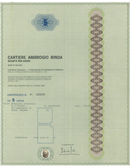 CARTIERE AMBROGIO BINDA - 5 AZIONI MILANO 1981