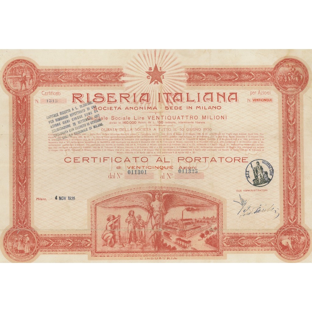RISERIA ITALIANA - 25 AZIONI MILANO 1925