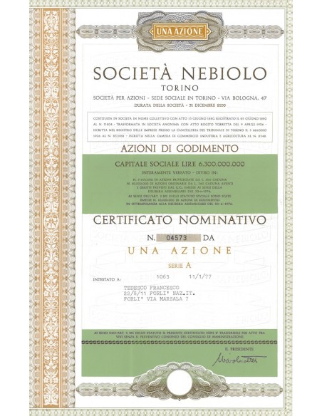 SOCIETA' NEBIOLO TORINO - UNA AZIONE TORINO 1977