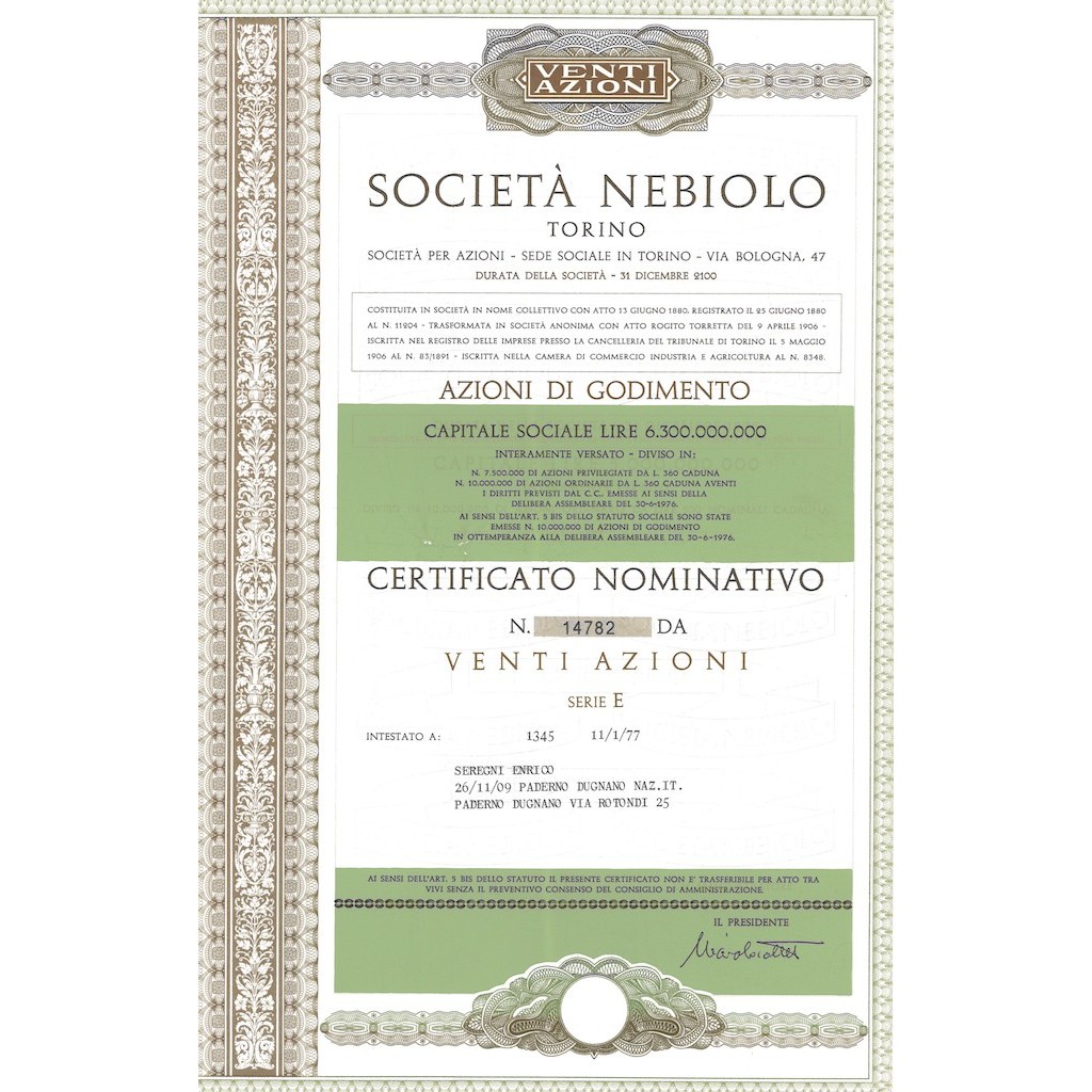 SOCIETA' NEBIOLO TORINO - 20 AZIONI 1977