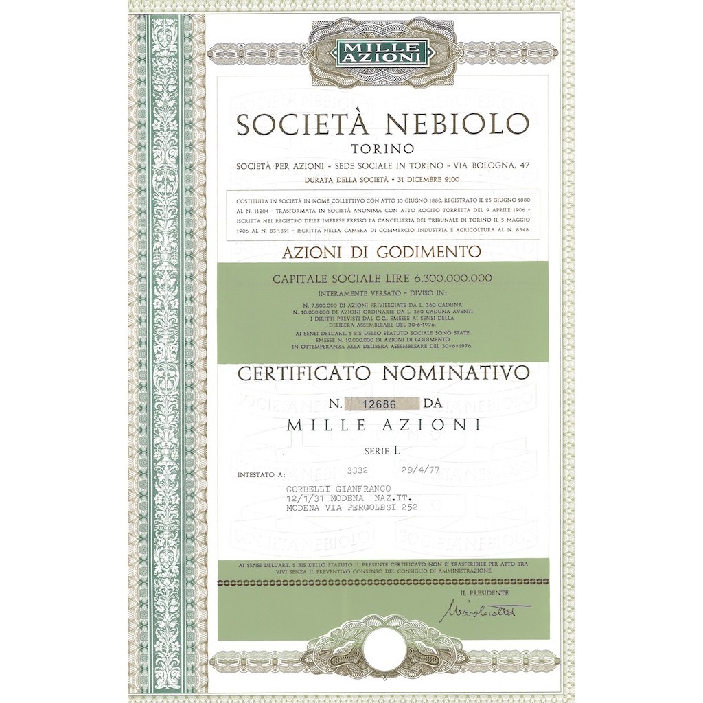 SOCIETA' NEBIOLO TORINO - 1000 AZIONI 1977