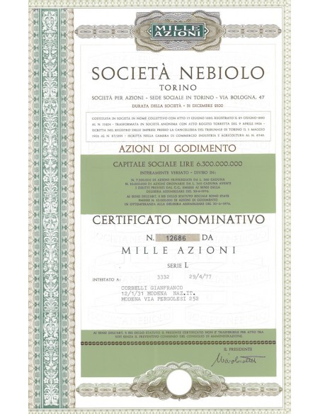 SOCIETA' NEBIOLO TORINO - 1000 AZIONI 1977