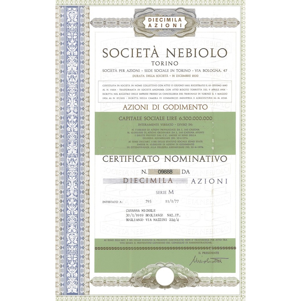 SOCIETA' NEBIOLO TORINO - 10000 AZIONI 1977
