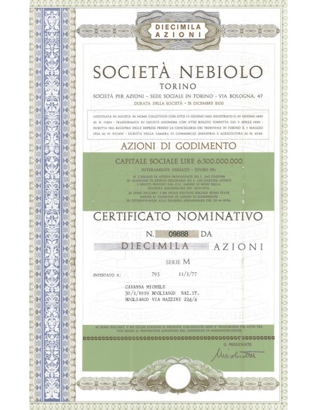 SOCIETA' NEBIOLO TORINO - 10000 AZIONI 1977