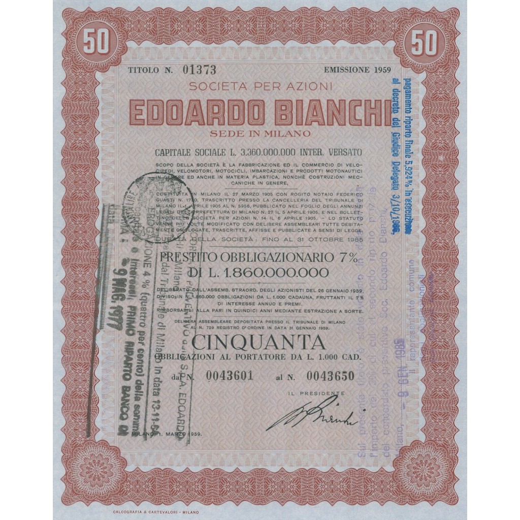 EDOARDO BIANCHI 50 OBBLIGAZIONI MILANO 1959
