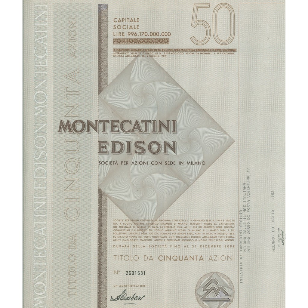 MONTECATINI EDISON - 50 AZIONI MILANO 1982