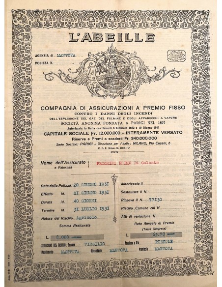 1931 - L'ABEILLE POLIZZA INCENDIO - MANTOVA