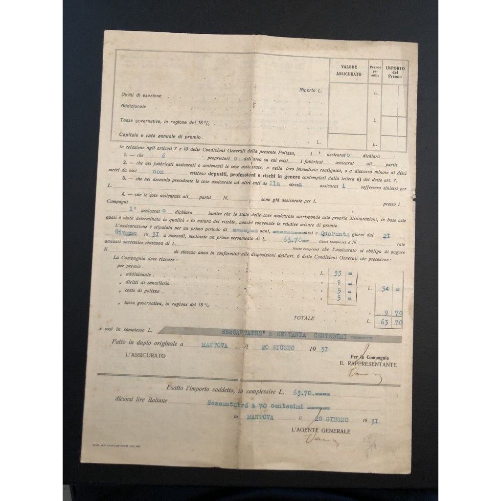 1931 - L'ABEILLE POLIZZA INCENDIO - MANTOVA