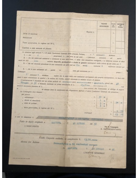 1931 - L'ABEILLE POLIZZA INCENDIO - MANTOVA