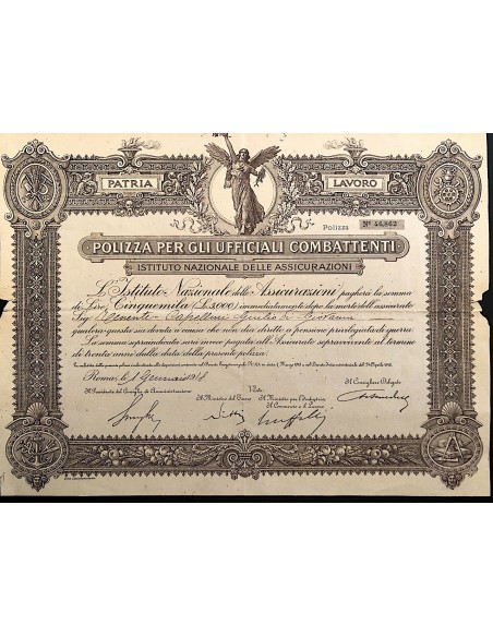 1918 POLIZZA PER GLI UFFICIALI COMBATTENTI ISTITUTO NAZIONALE DELLE ASSICURAZIONI - ROMA